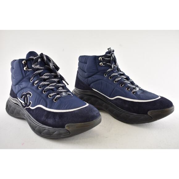 Chanel 19B Blue Quilted Platform CC Logo High Top Trainer Sneaker Boot 44 11 - Picture 4 of 12